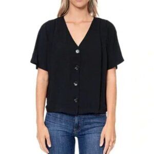 Black Button Front Short Sleeve V-Neck Crop Top, Small